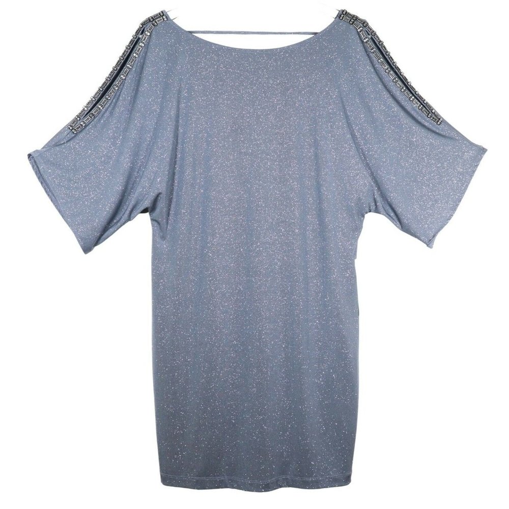 NWT Cachet Cold Shoulder Glitter Short Dress XL Silver Rhinestone Sleeve Cowl